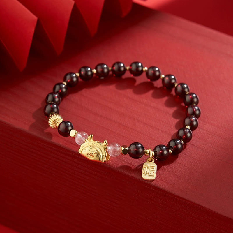 Buddha Stones Year of the Dragon Dumpling Natural Red Agate Garnet Hetian Jade Fu Character Luck Success Bracelet - Garnet Fu Character(Wrist Circumference 14-16cm) - image 10