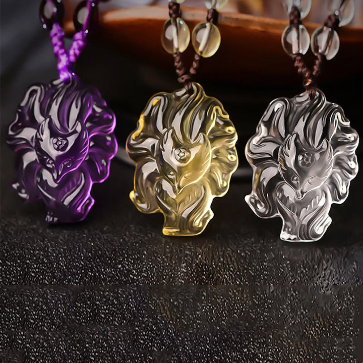 Buddha Stones Natural Amethyst White Crystal Citrine Nine Tailed Fox Luck Necklace Pendant - image 1