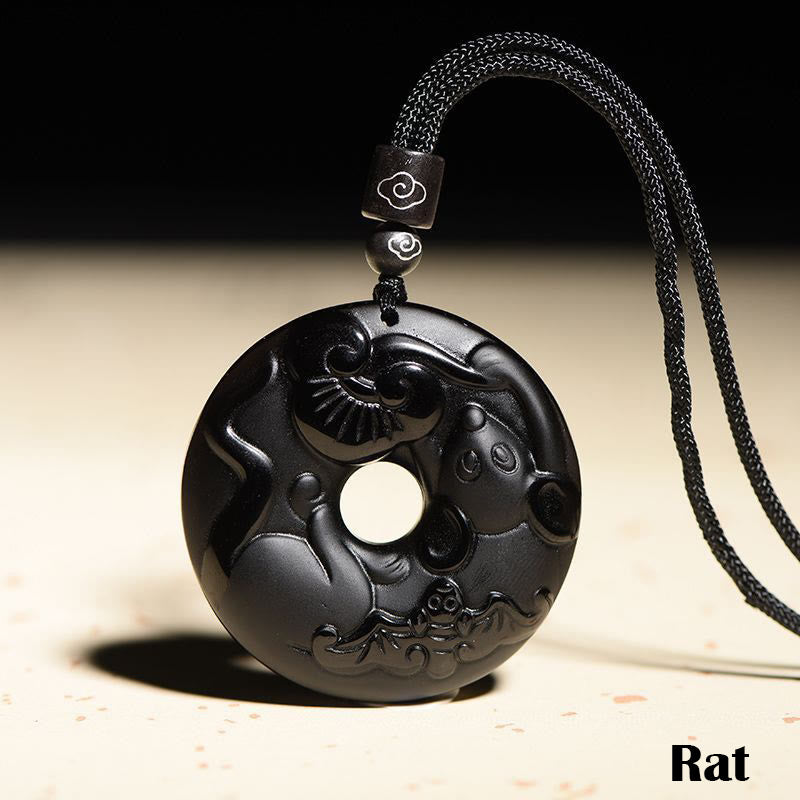 Buddha Stones Chinese Zodiac Natural Black Obsidian Peace Buckle Strength Necklace Pendant - Rat - image 12