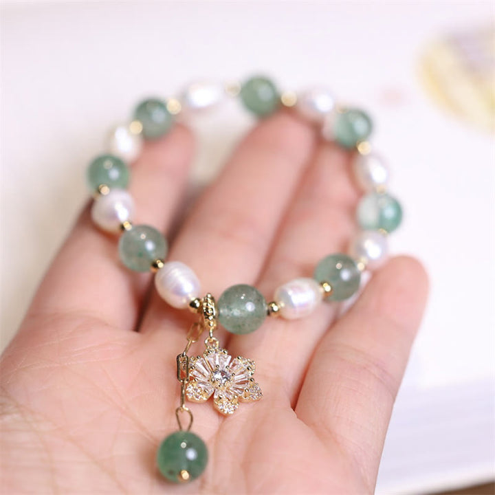 Buddha Stones Natural Green Strawberry Quartz Pearl Flower Charm Love Bracelet - image 7