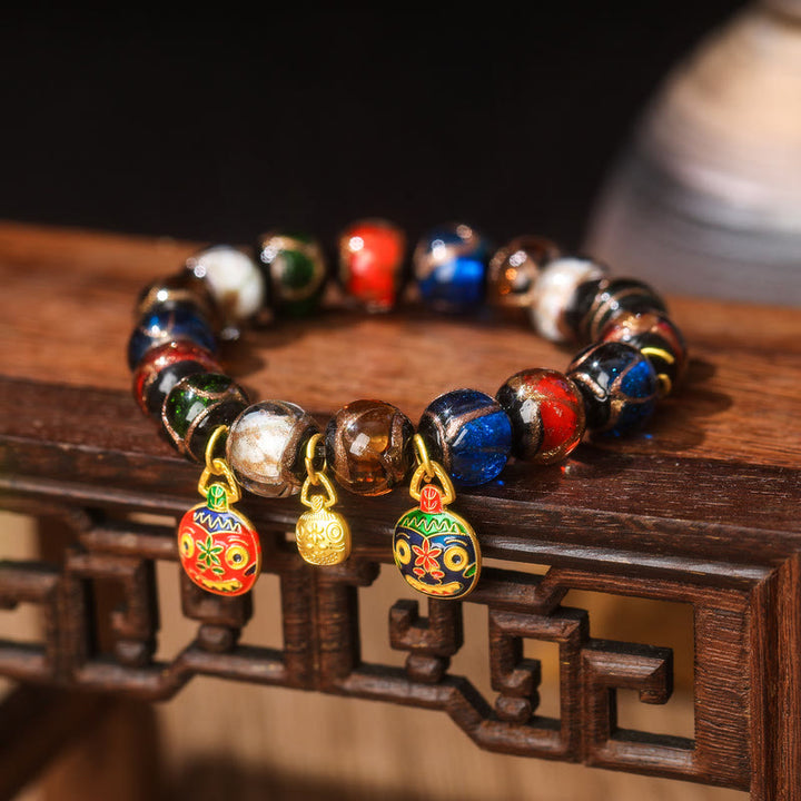 Buddha Stones Five Elements Gold Swallowing Beast Family Charm Liuli Glass Bead Luck Bracelet - Liuli Glass Bead&Medium Red Blue Gold Swallowing Beast Family - 14mm(15 Beads) - image 3