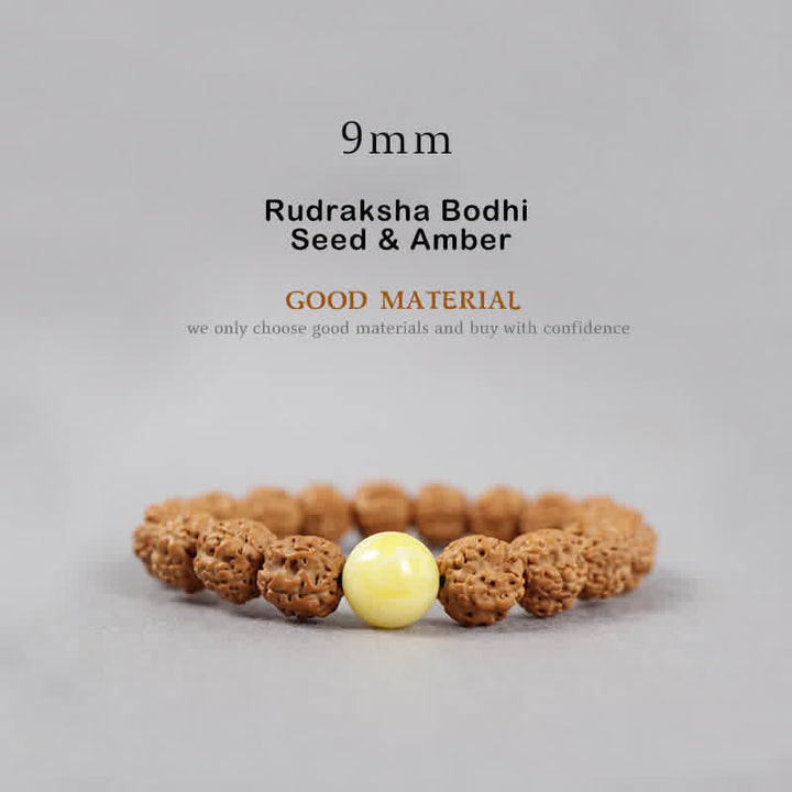 Buddha Stones Tibet Rudraksha Bodhi Seed Dzi Bead Amber Turquoise Wealth Bracelet - 9mm - Rudraksha Bodhi Seed & Amber - image 2