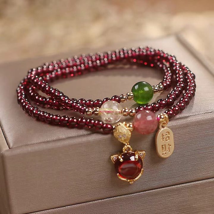 Buddha Stones Natural Garnet Strawberry Quartz Crystal Fox Koi Fish Peace Buckle Fortune Protection Triple Wrap Bracelet - Garnet&Fox(Wrist Circumference 14-16cm) - image 0