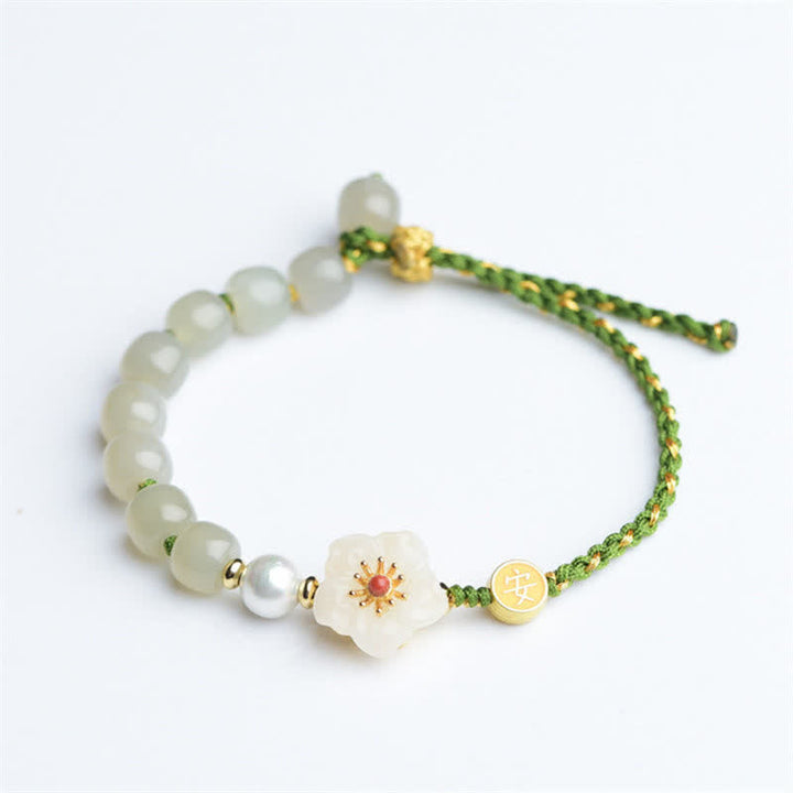 Buddha Stones 925 Sterling Silver Natural Hetian Jade Peach Blossom Luck Bracelet - image 8