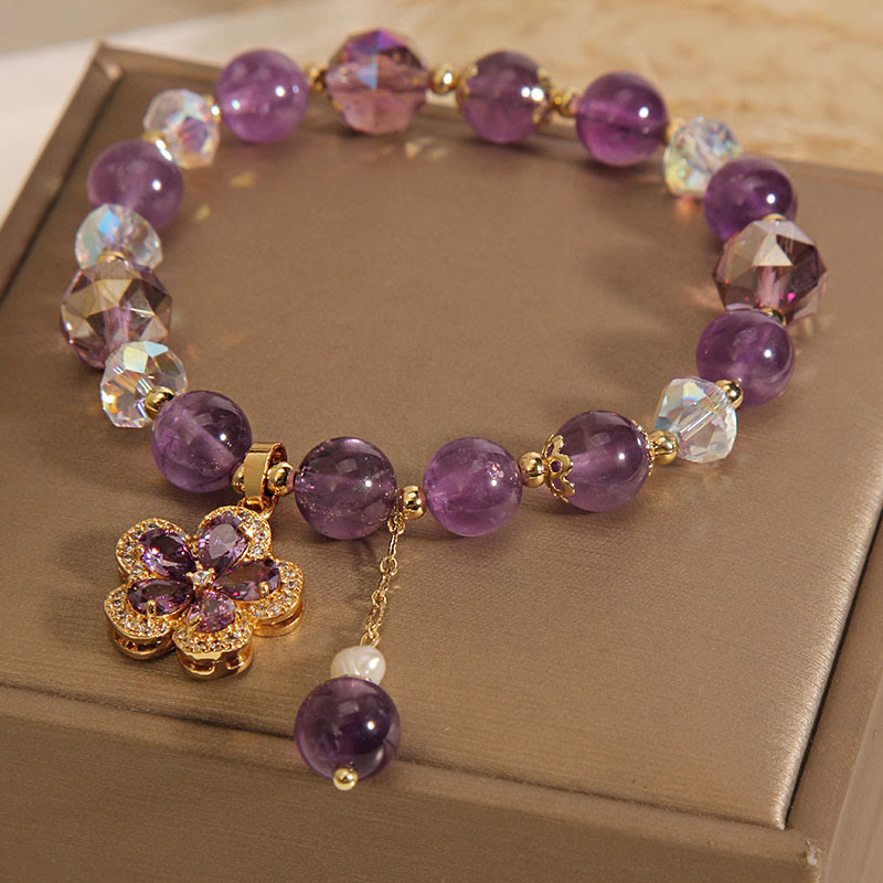 Natural Amethyst Pearl Flower Charm Positive Transformation Bracelet - image 2