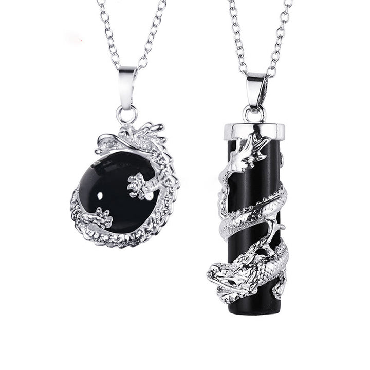 Buddha Stones 2pc Dragon Wrapped Round Ball Gemstone Couple Necklace Pendant - Black Onyx - image 0