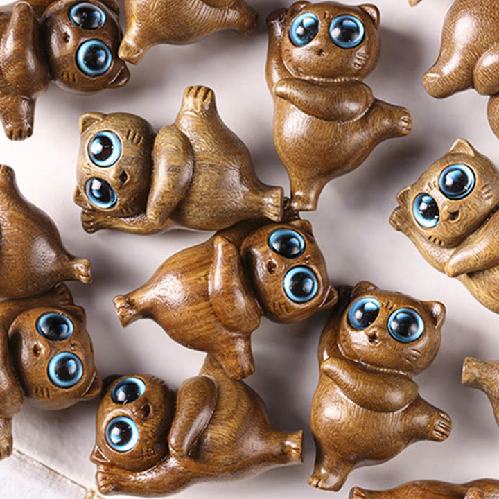 Buddha Stones Mini Green Sandalwood Dancing Cat Engraved Positive Desk Decorations - image 10