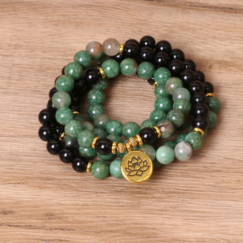 Buddha Stones 108 Beads Natural Agate Mala Healing Bracelet - Green Agate&Black Onyx - image 0