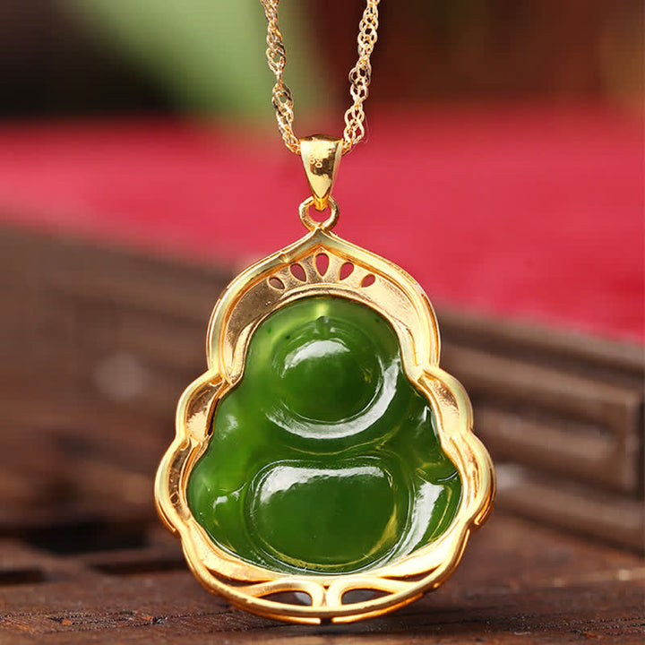 Buddha Stones 925 Sterling Silver Natural Hetian Cyan Jade Laughing Buddha 18K Gold Healing Necklace Chain Pendant - image 7