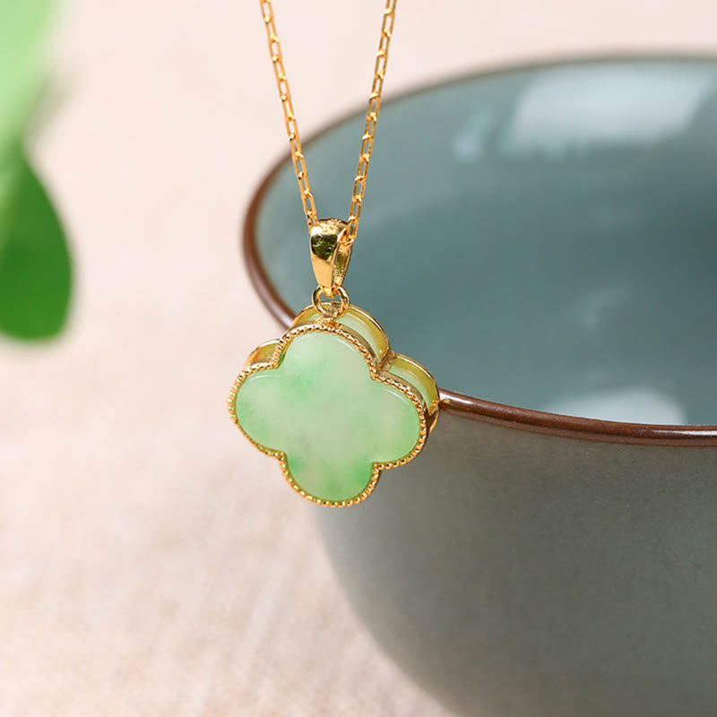 Buddha Stones Four Leaf Clover Jade Pattern Luck Necklace Pendant - image 2