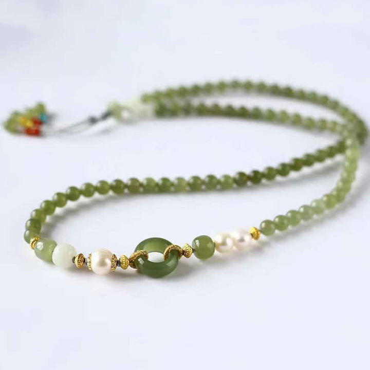Buddha Stones Hetian Jade Pearl Peace Buckle Luck Wealth String Bracelet - image 3