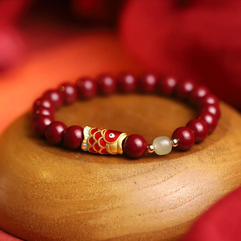 Buddha Stones Natural Cinnabar Lucky Koi Fish Hetian Jade Bead Blessing Bracelet - image 2