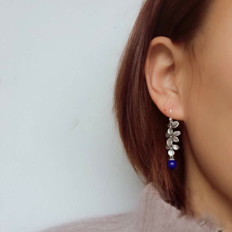 Buddha Stones 925 Sterling Silver Turquoise Lazurite Flower Leaf Serenity Protection Hook Drop Dangle Earrings - image 11