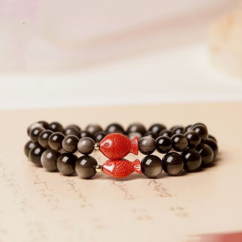 Buddha Stones Natural Silver Sheen Obsidian Cinnabar Koi Fish Soothing Protection Bracelet - image 0