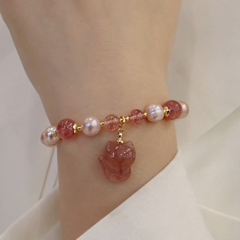 Buddha Stones Natural Pearl Strawberry Quartz Cute Fox Love Healing Charm Bracelet - image 7