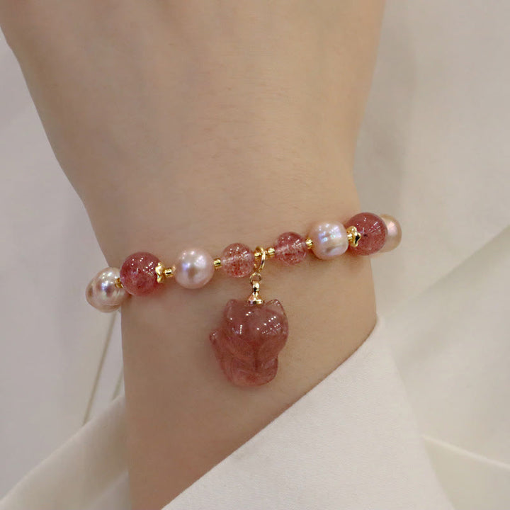 Buddha Stones Natural Pearl Strawberry Quartz Cute Fox Love Healing Charm Bracelet - image 7