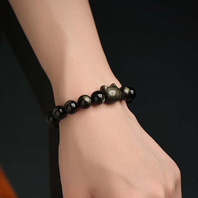 Buddha Stones Gold Sheen Obsidian Silver Sheen Obsidian Lovely Paw Lucky Cat Protection Bracelet - image 15