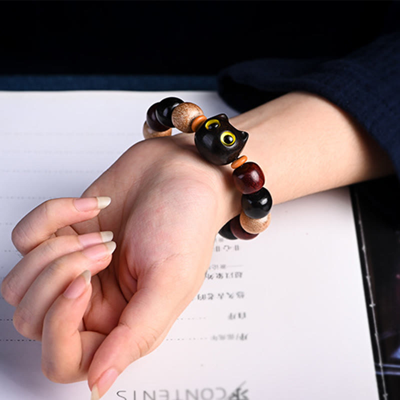 Buddha Stones Small Leaf Red Sandalwood Ebony Wood Cute Cat Engraved Protection Bracelet - image 6