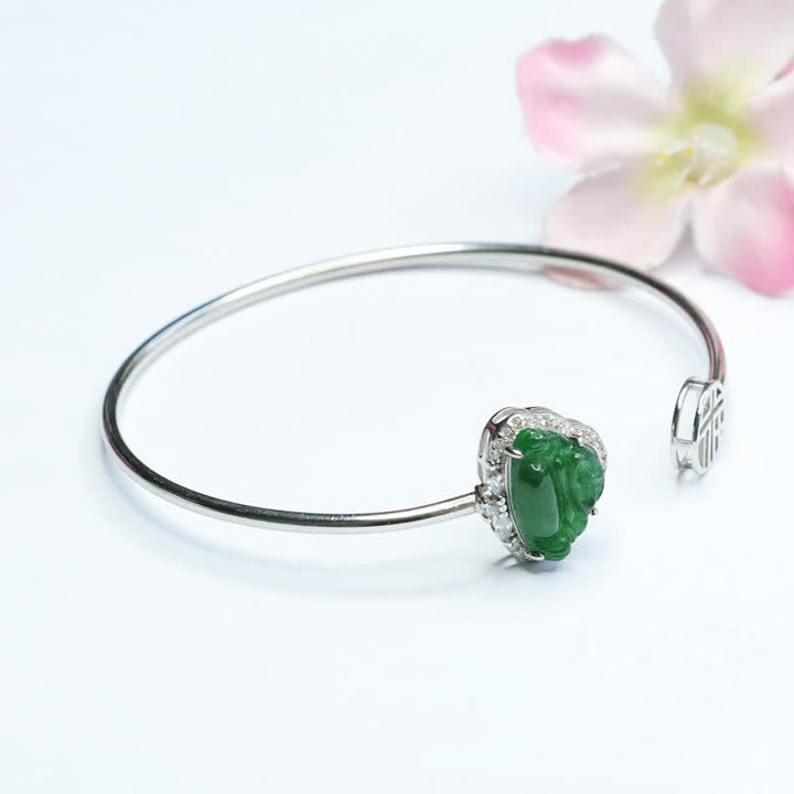 Buddha Stones 925 Sterling Silver Laughing Buddha Jade Luck Bracelet Bangle - image 4