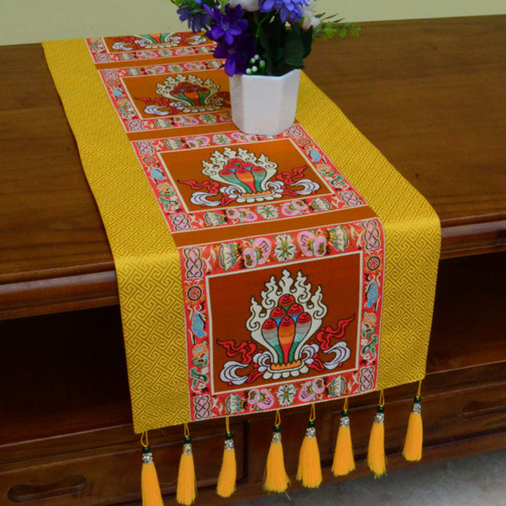 Buddha Stones Prayer Altar Mat Man-Bcu Kalachakra Endless Knot Vajra Tibetan Auspicious Symbols Tassels Table Runner - The Chintamani Jewel - Gold - 190*33cm - image 17