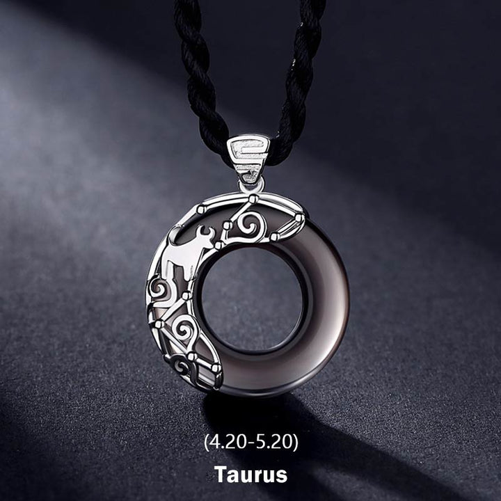 Buddha Stones 12 Constellations of the Zodiac Ice Obsidian Blessing Round Pendant Necklace - Taurus - image 1