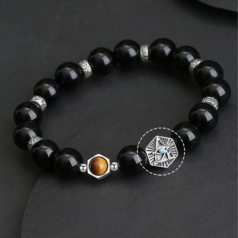 Buddha Stones 925 Sterling Silver Black Obsidian Tiger Eye Eye of Providence Purification Bracelet - image 6