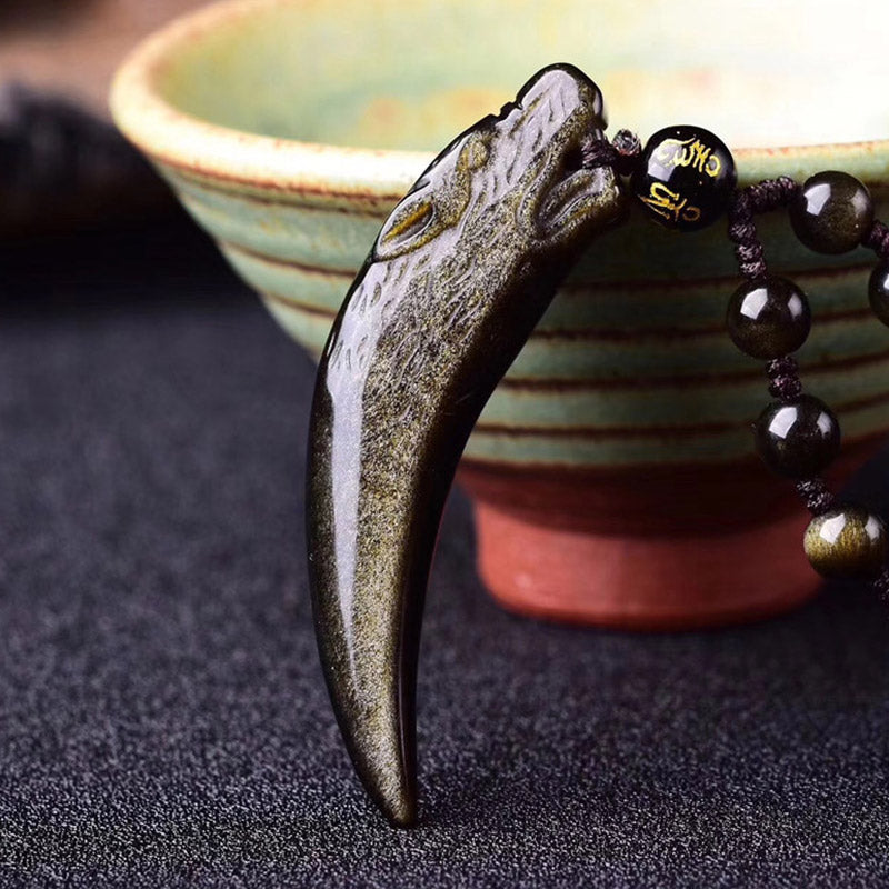 Buddha Stones Natural Black Obsidian Ice Obsidian Rainbow Obsidian Wolf Tooth Pattern Strength Necklace Pendant - image 9