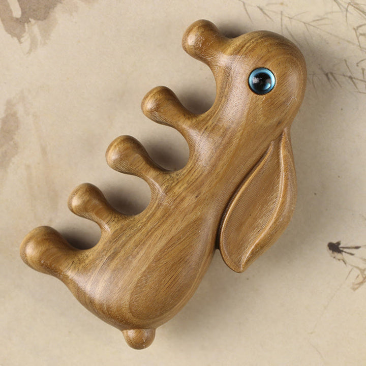 Small Leaf Red Sandalwood Green Sandalwood Lovely Bunny Relaxation Massage Comb - Green Sandalwood 80*44*15mm - image 6