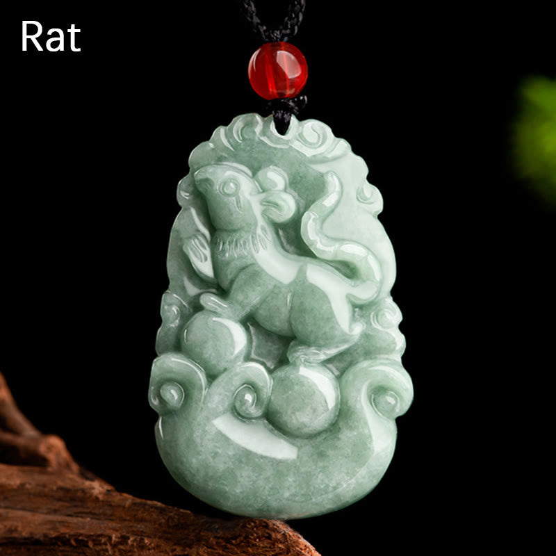 Buddha Stones Natural Green Jade 12 Chinese Zodiac Luck Prosperity Necklace Pendant - Rat - image 1