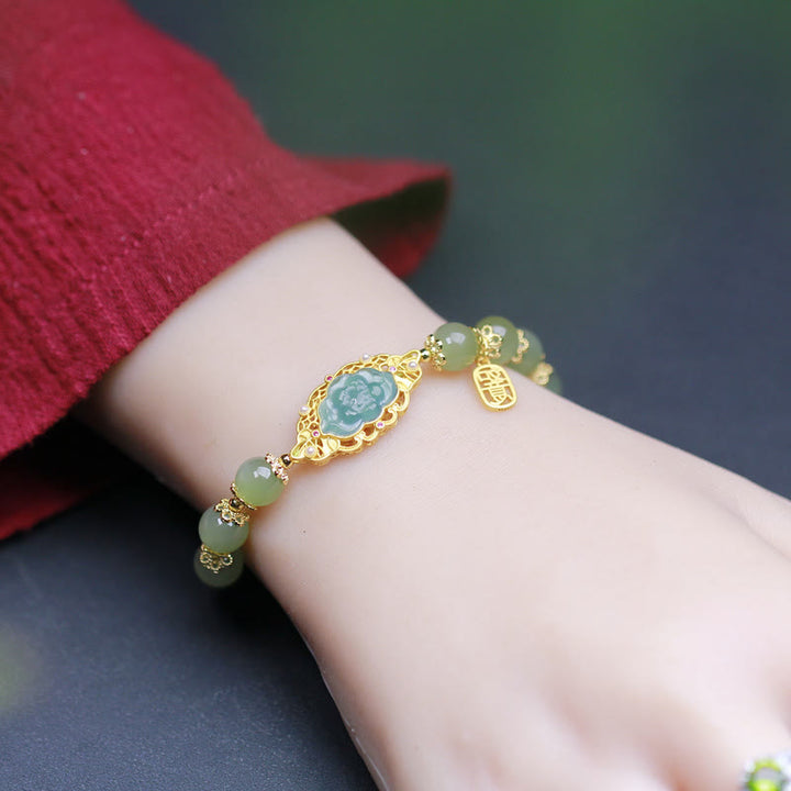 Buddha Stones 925 Sterling Silver Plated 14K Gold Hetian Jade Lotus Luck Bracelet - image 2