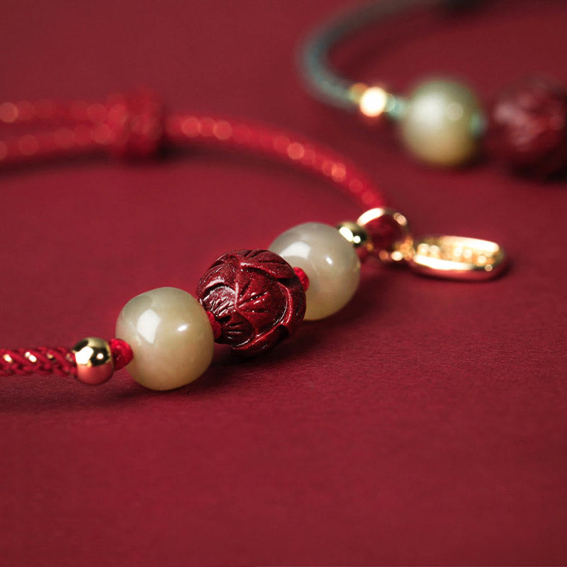 Buddha Stones 14K Gold Plated Hetian Jade Cinnabar Lotus Luck Handcrafted Rope Bracelet - image 3