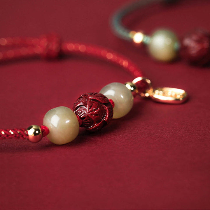 Buddha Stones 14K Gold Plated Hetian Jade Cinnabar Lotus Luck Handcrafted Rope Bracelet - image 3