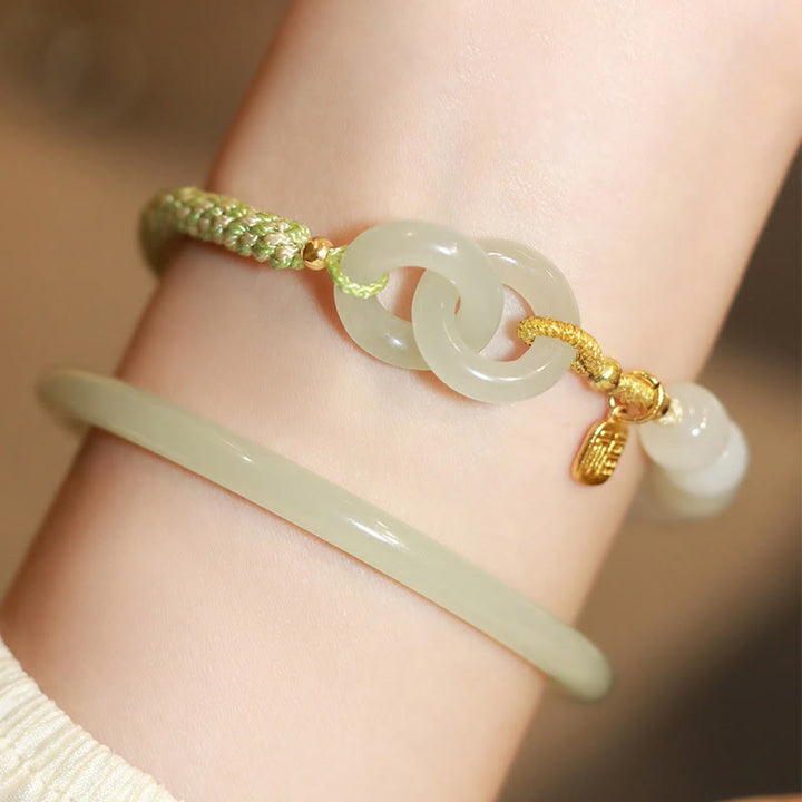 Buddha Stones Natural Hetian Jade Bead Double Peace Buckle Fu Character Abundance Braided Bracelet - image 18