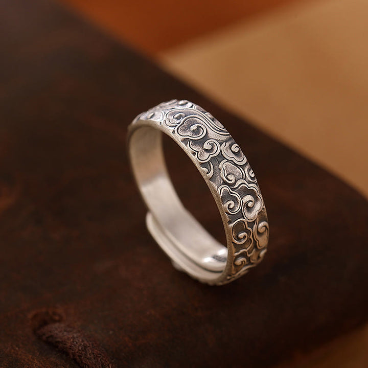 Buddha Stones 999 Sterling Silver Lotus Flower Plum Blossom Auspicious Clouds Engraved Enlightenment Ring - Auspicious Clouds - image 7