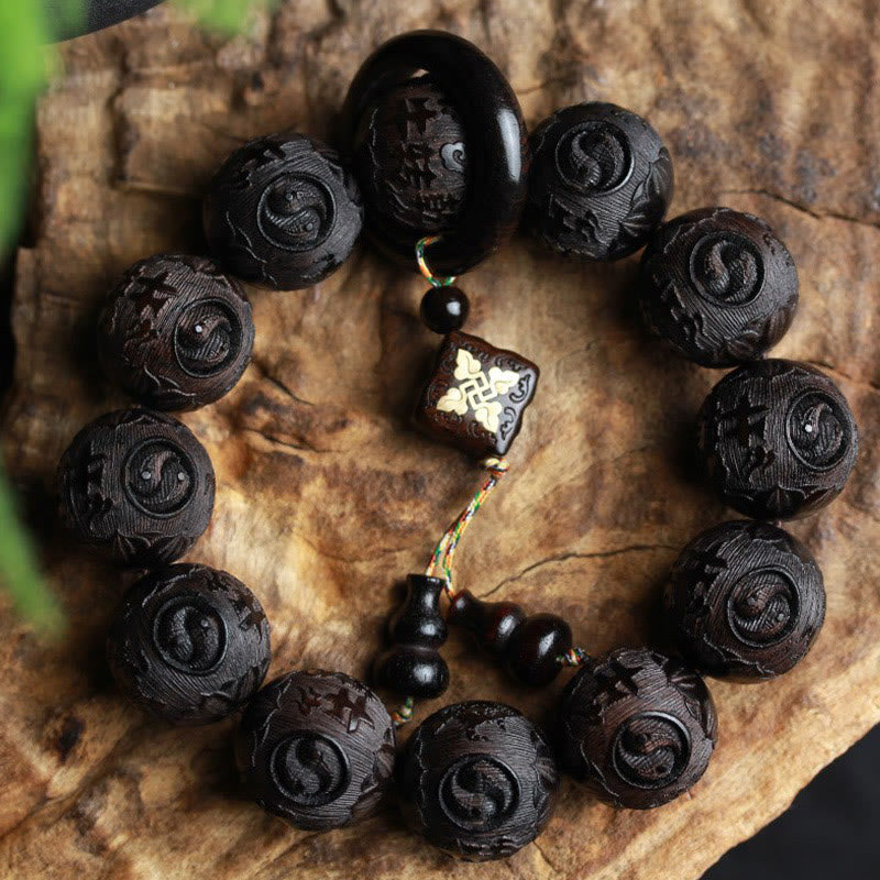 Buddha Stones Ebony Wood Chinese Character Yin Yang Engraved Gourd Balance Bracelet - Ebony(Balance♥Calm) - image 0