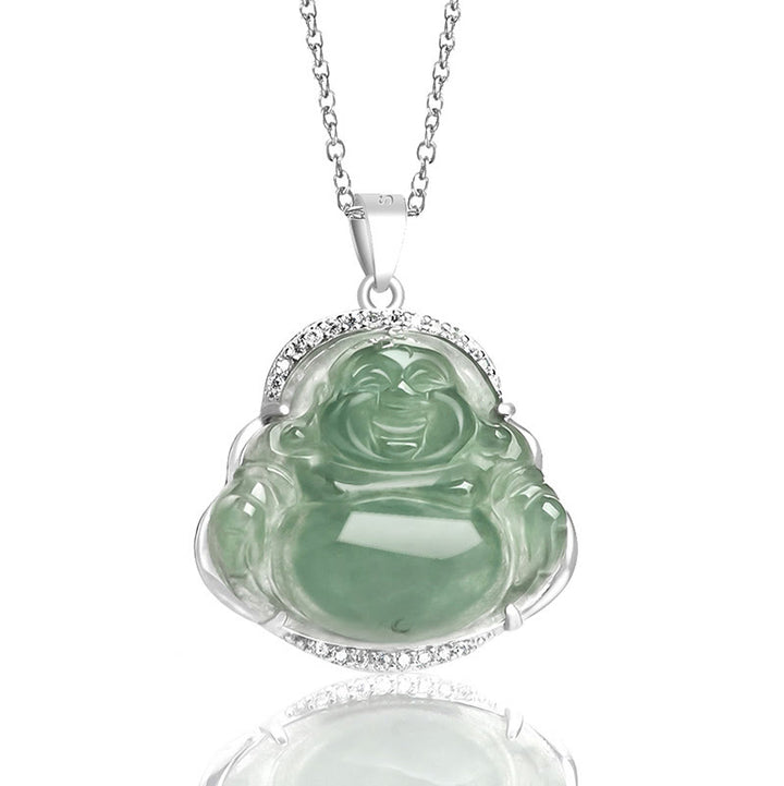 Buddha Stones Laughing Buddha Natural Jade Luck Prosperity Necklace Titanium Steel Chain Pendant - image 1