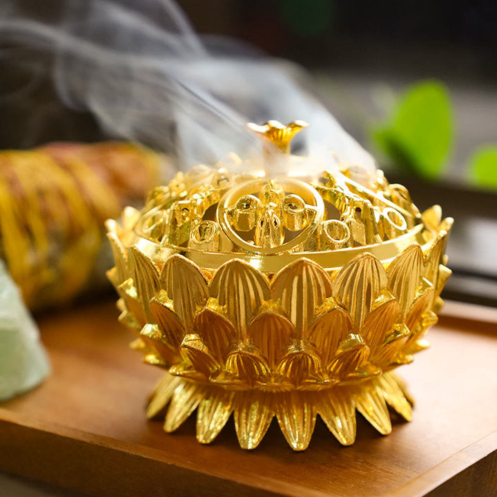 Buddha Stones Tibetan Lotus Shaped Purify Incense Burner - Gold - image 8