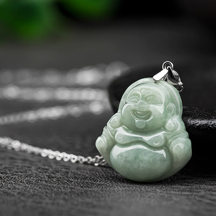 Buddha Stones Laughing Buddha Jade Blessing Titanium Steel Chain Necklace Pendant - image 5