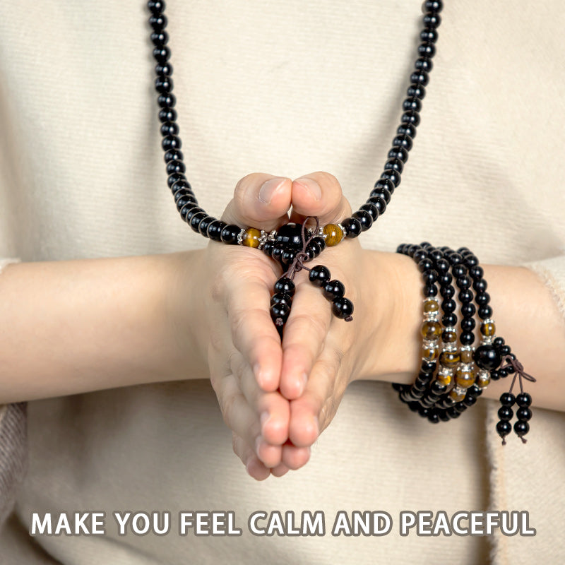 Buddha Stones 108 Beads Natural Black Obsidian Tiger Eye Mala Bracelet - image 4