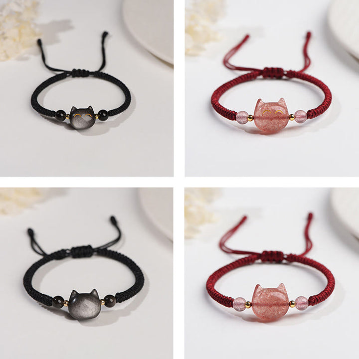 Buddha Stones Handmade Natural Silver Sheen Obsidian Strawberry Quartz Cute Cat Protection Braided Bracelet - image 13