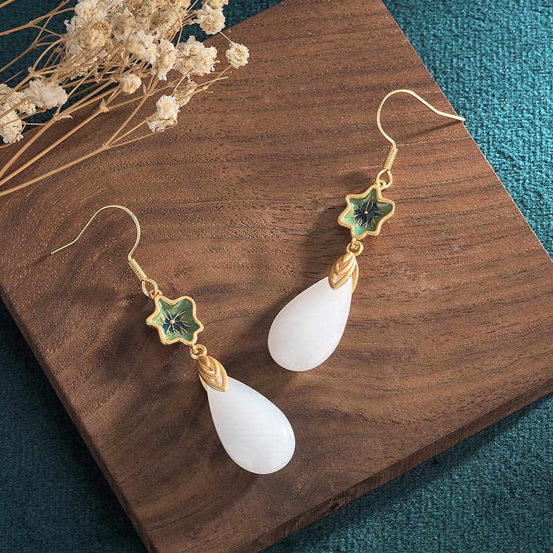 Buddha Stones FengShui White Jade Luck Drop Earrings - image 14