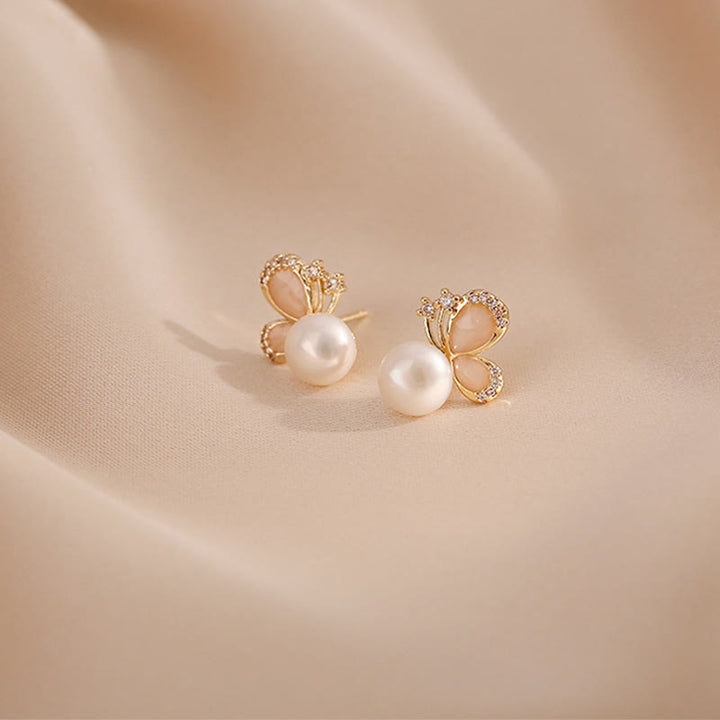 Buddha Stones 18k Gold Plated Pearl Butterfly Love Freedom Stud Earrings - image 7