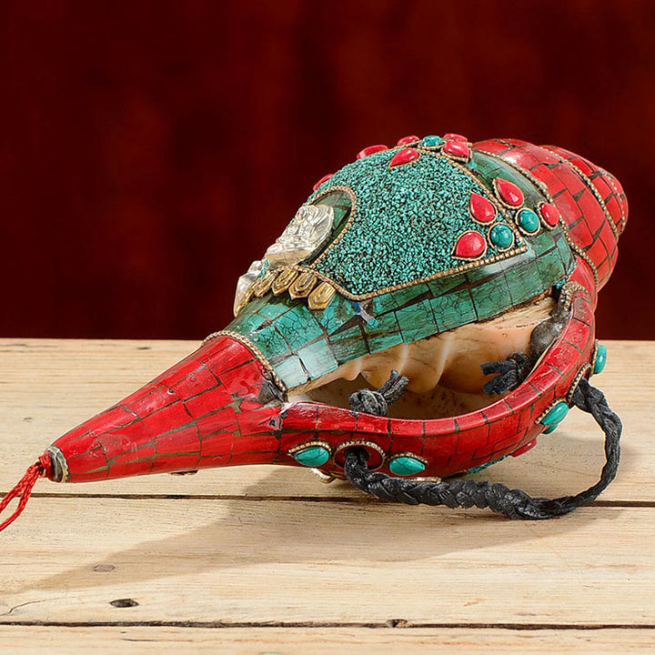 Tibetan Handmade Shankha Om Mani Padme Hum Buddha Avalokitesvara Turquoise Conch Shell Positive Decoration - image 3