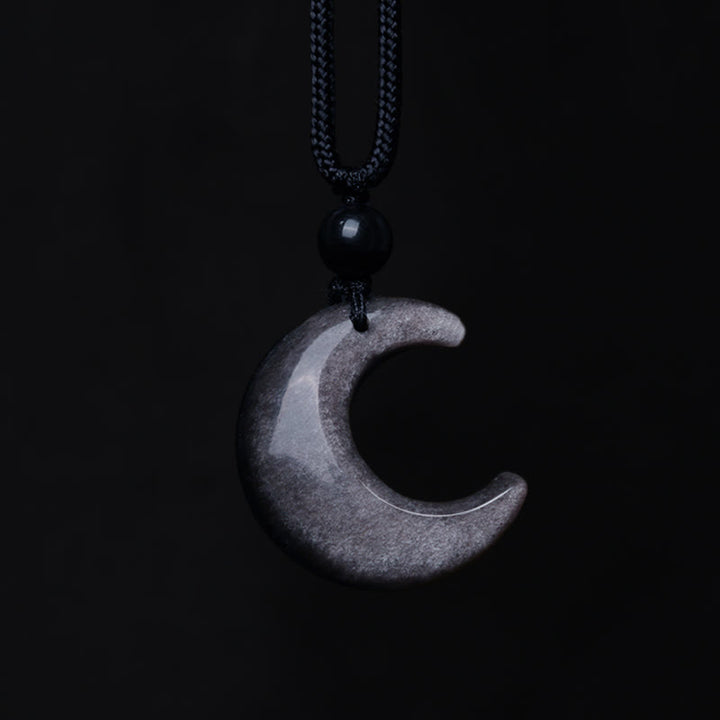 Buddha Stones Natural Silver Sheen Obsidian Selenite Crystal Crescent Moon Yin Yang Couple Protection Necklace Pendant - image 2