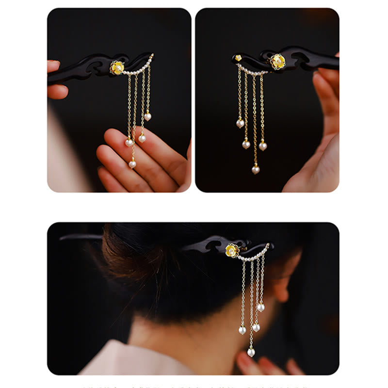 Buddha Stones Ebony Wood Yellow Flower Pearl Tassels Hairpin - image 4