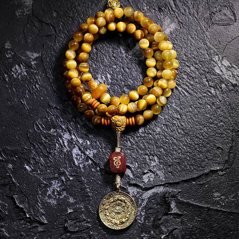 Buddha Stones 108 Mala Beads Natural Tiger Eye Copper Dorje Protection Tassel Bracelet - 6mm - Tiger Eye Nine Palaces Eight Diagrams - Without Copper Dorje - image 12