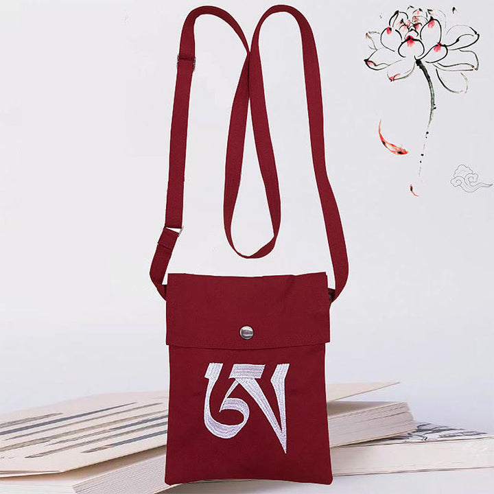 Buddha Stones Handmade OM Mantra Embroidered Spiritual Mind Practice Cotton Crossbody Bag Shoulder Bag Cellphone Bag - Dark Red Mantra Spiritual Practice Shoulder Bag - image 2