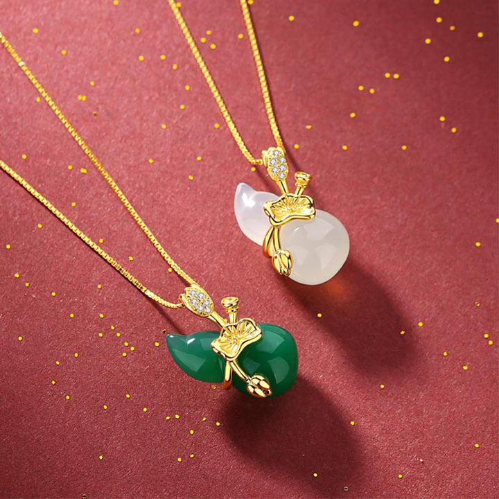 Buddha Stones Cyan Jade Gourd Lotus Leaf Abundance Pendant Necklace - image 2