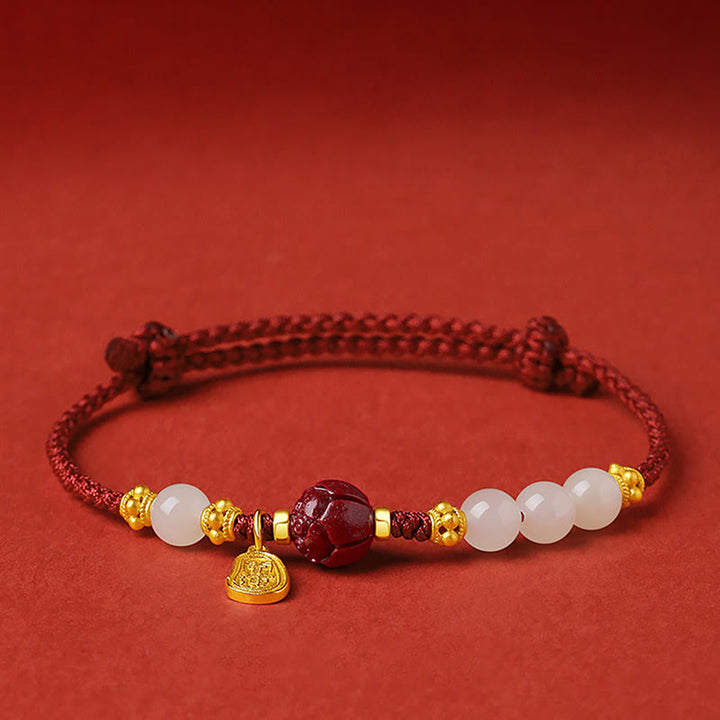 Buddha Stones 24K Gold Plated Hetian White Jade Cinnabar Lotus Luck Rope Bracelet - 13-18cm - image 0