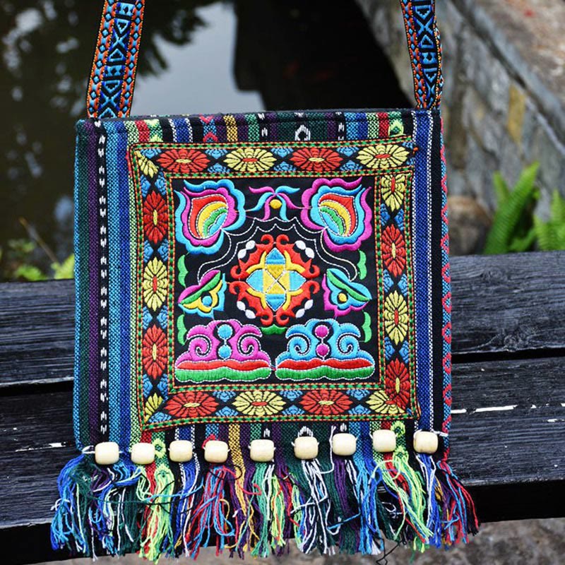 Buddha Stones Tibetan Handmade Embroidered Camellia Canvas Shoulder Bag Crossbody Bag - image 2
